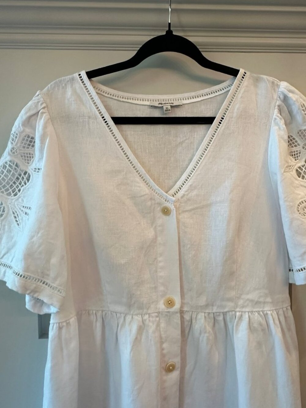 🤍 Madewell White Linen Midi Dress M 🌿 Cottagecore Embroidered Sleeve Boho - Picture 7 of 13